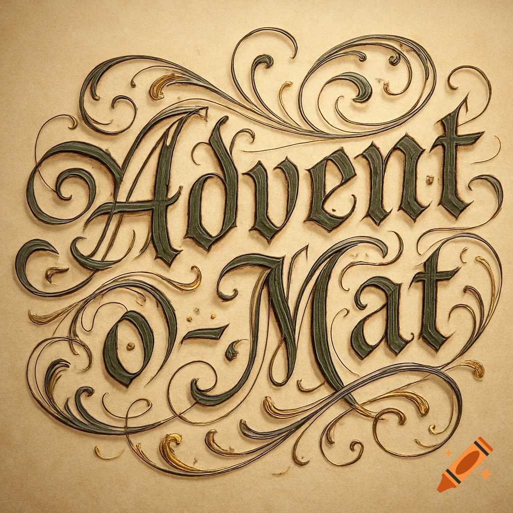 Elaborate calligraphic text 'Advent O-Mat' with gold and dark green flourishes on a textured beige background.