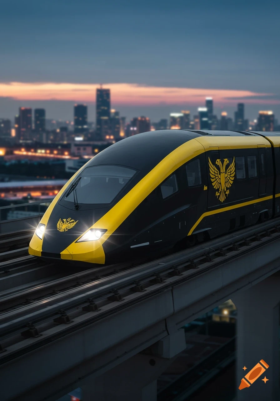 Sleek black and yellow maglev train with a double-headed eagle logo on an elevated track, blurred cityscape background at sunset.