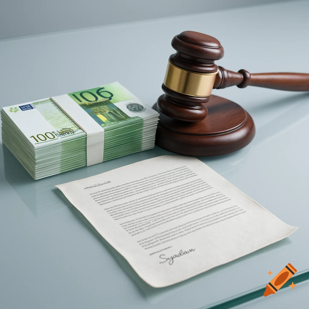 A wooden gavel and sound block next to a stack of green euro banknotes, with a white, slightly curled document on a reflective glass desk.