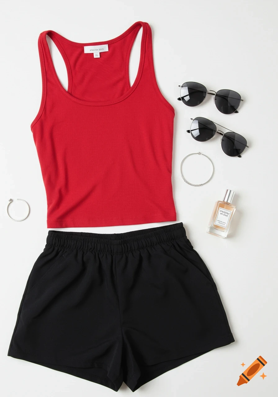 A red tank top and black shorts neatly laid on a white background, accompanied by sunglasses, earrings, a silver bracelet, and a perfume bottle.