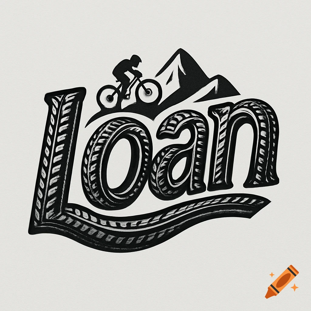 Black and white logo featuring the name Loan stylized with tire treads, a mountain biker, and a mountain.