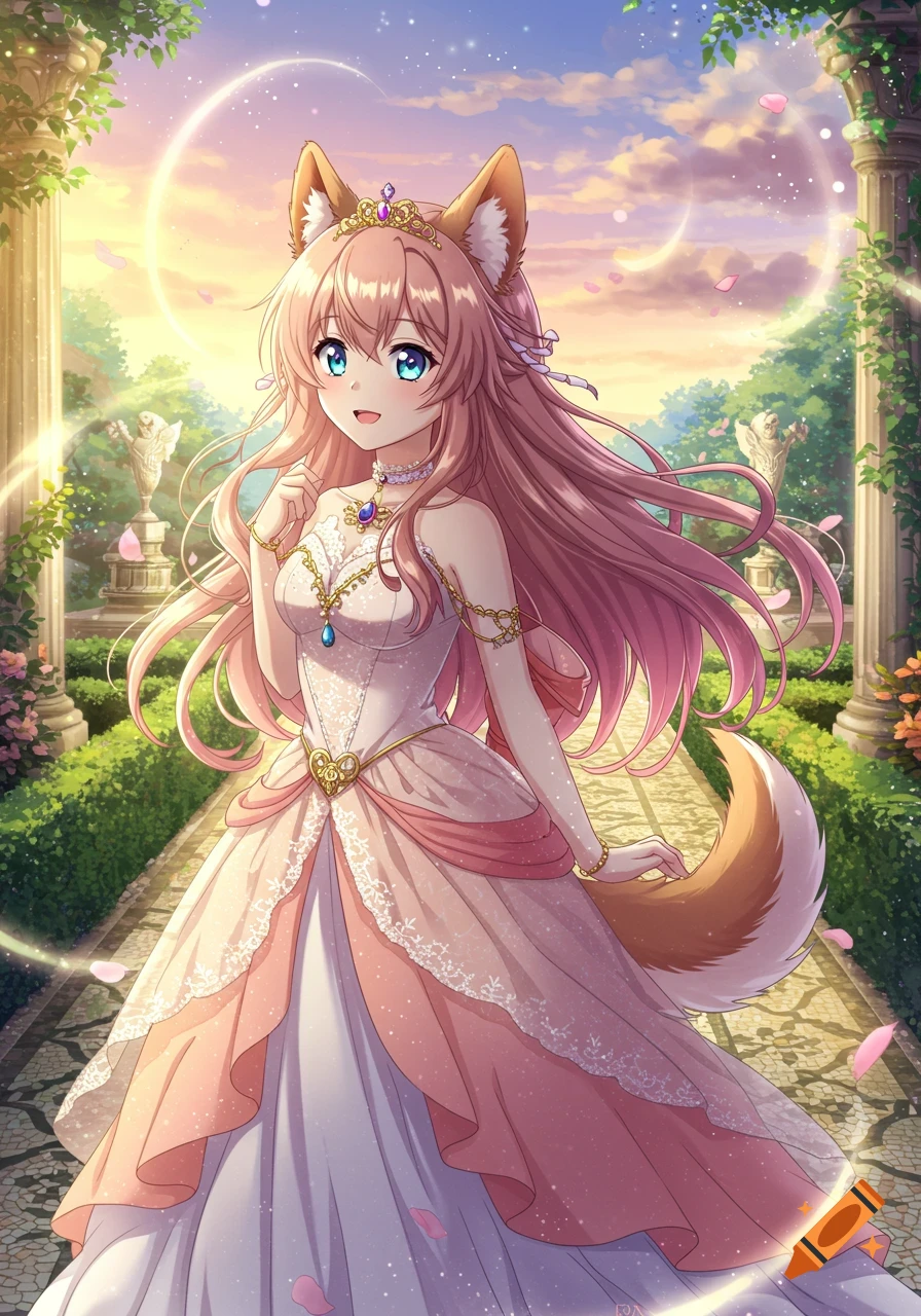 A beautiful anime princess with pink hair, dog ears, and a tail, wearing an elaborate white and pink dress, stands in a magical garden with pillars and glowing light.