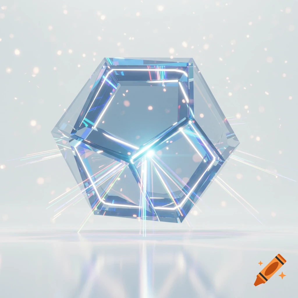 A sparkling, translucent dodecahedron with glowing light rays floats above a reflective surface against a white background.