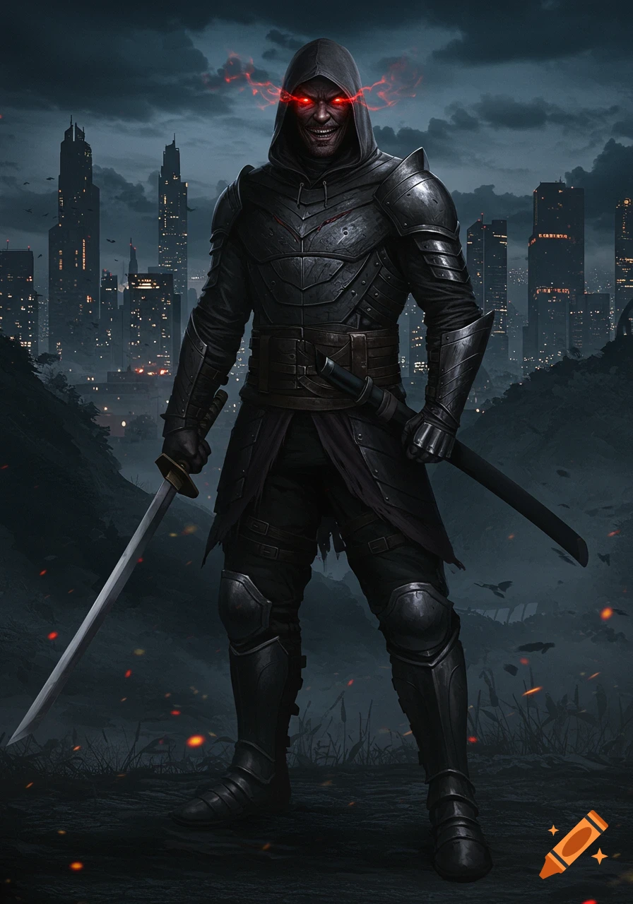 A hooded man in dark knight armor with glowing red eyes and an evil smile, holding a katana, against a night city skyline.