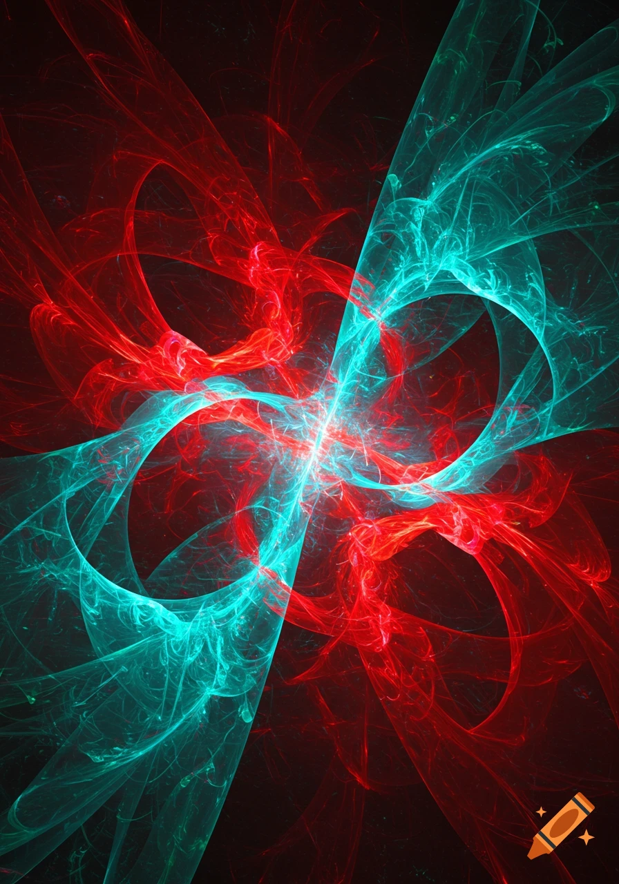 Abstract digital art with intertwining glowing red and teal energy streams against a dark background, forming a central bright point.