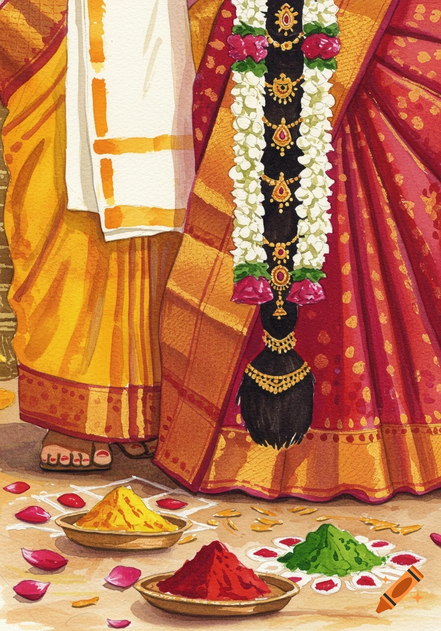 Watercolor of a close-up of a South Indian wedding, showing a bride's ornate braid, groom's dhoti, and ritual powders on the ground.