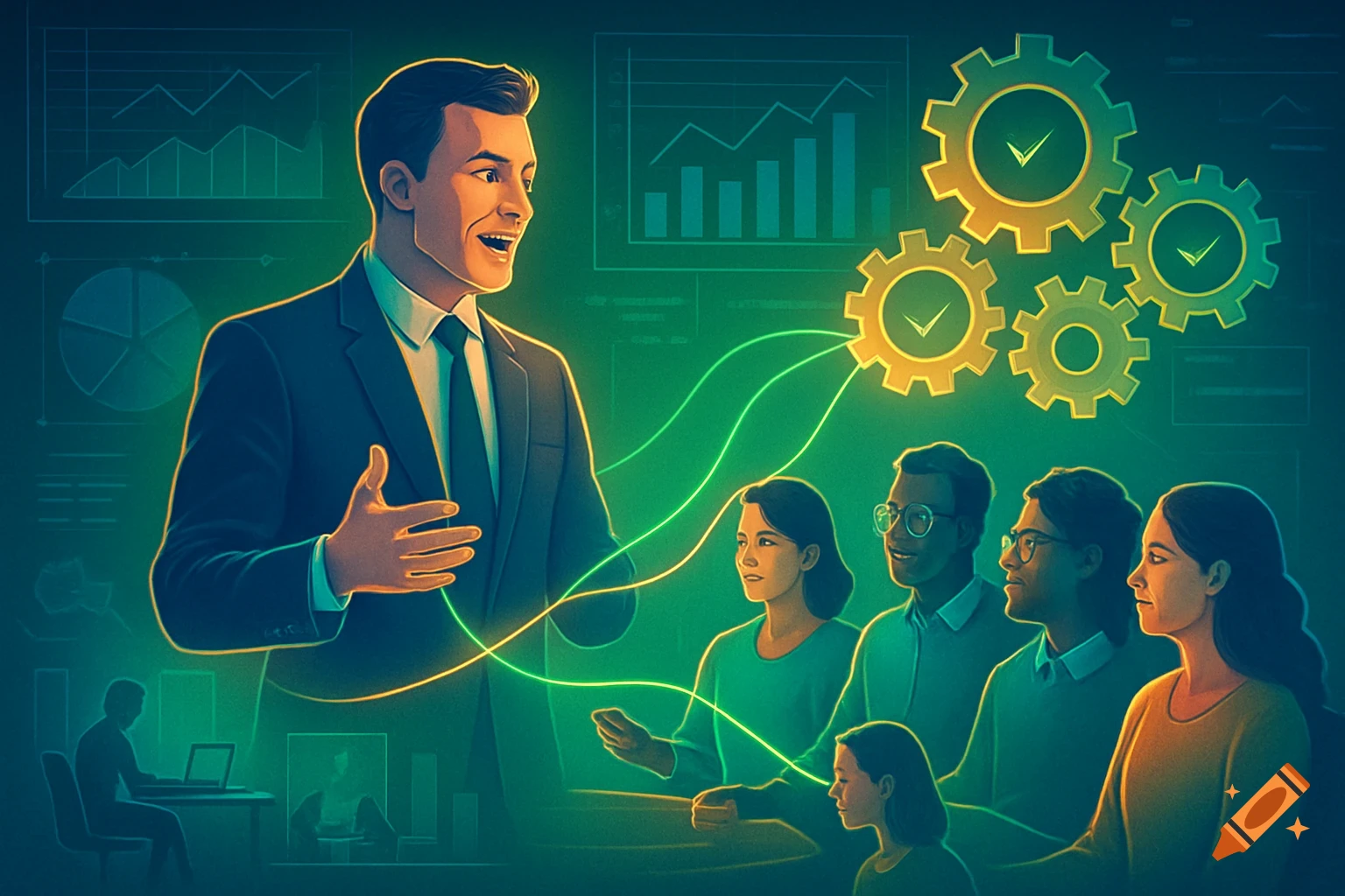 An animated illustration of a man in a suit presenting to a diverse audience, surrounded by glowing lines, gears, and charts, on a dark green background.