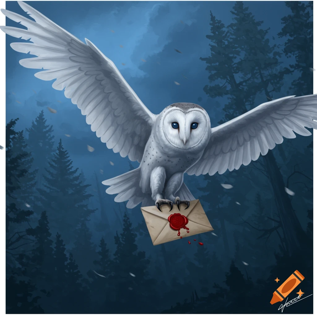 Illustration of a white barn owl flying through a dark, snowy forest at ...
