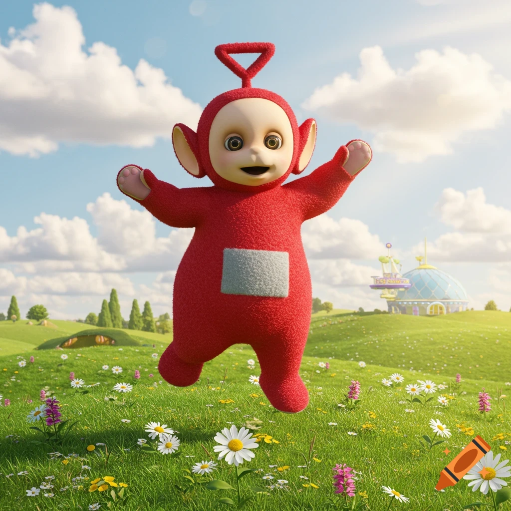 A red Teletubby jumps joyfully in a vibrant green field adorned with white and purple flowers under a clear, sunny sky. A dome-shaped house is in the background.