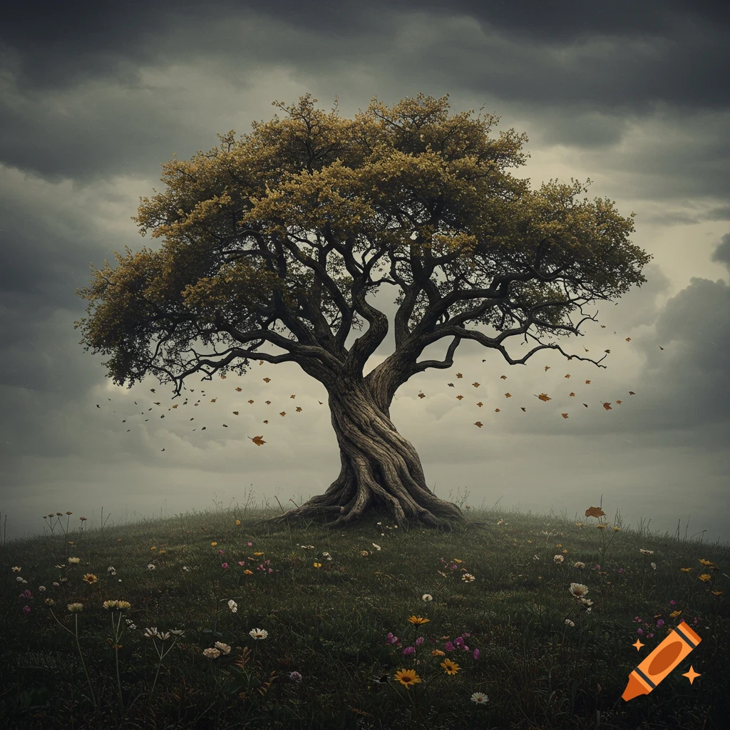 A gnarled tree stands alone on a grassy hill with wildflowers, under a dramatic, cloudy sky with falling leaves.