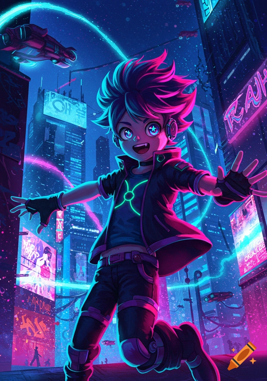 A vibrant anime boy with spiky hair and glowing eyes leaps in a neon ...