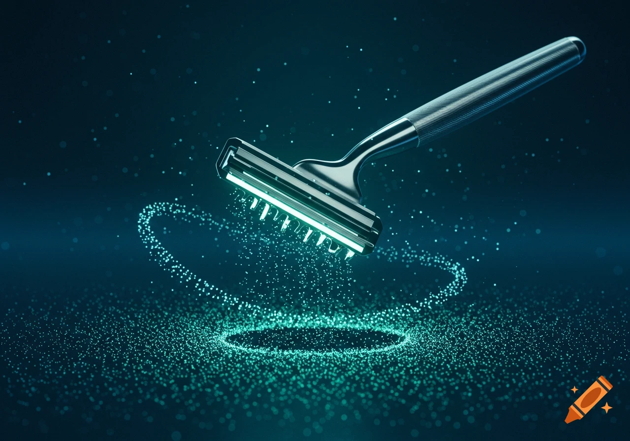 A metallic razor with glowing teal blades and light, surrounded by swirling teal digital particles on a dark, futuristic background.