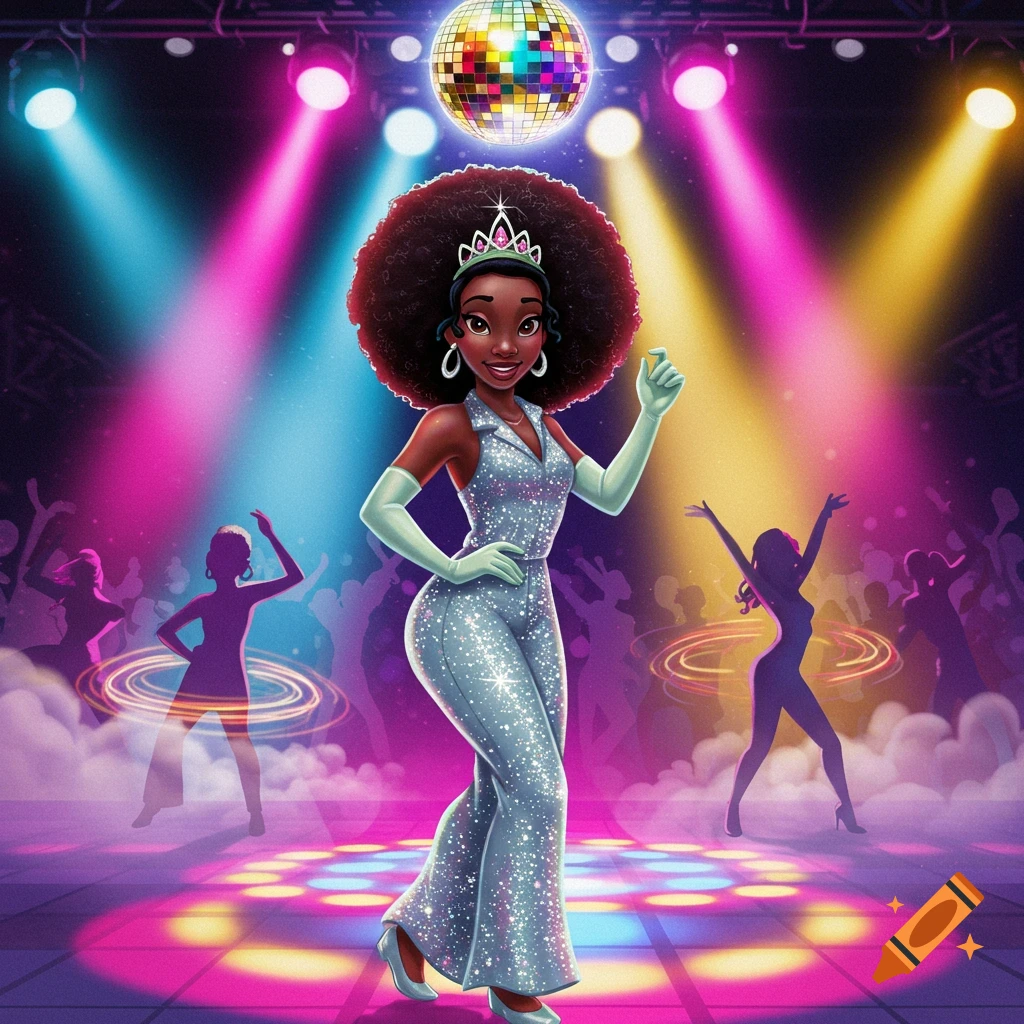 Cartoon princess in a sparkling jumpsuit and afro poses at a vibrant disco with a disco ball and dancing silhouettes.