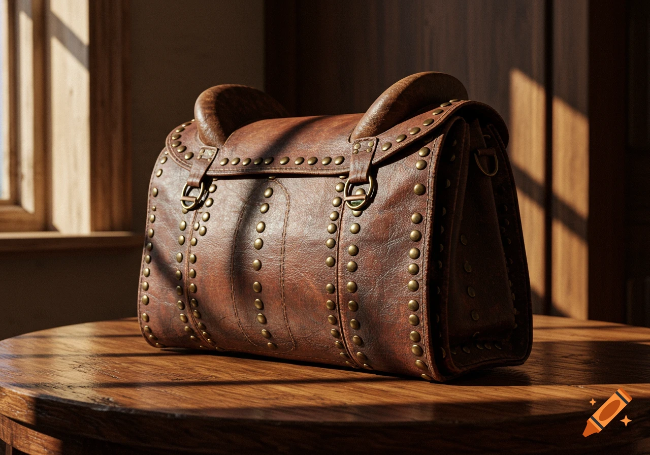 A brown leather bag with brass rivets rests on a wooden table, illuminated by sunlight from a nearby window.