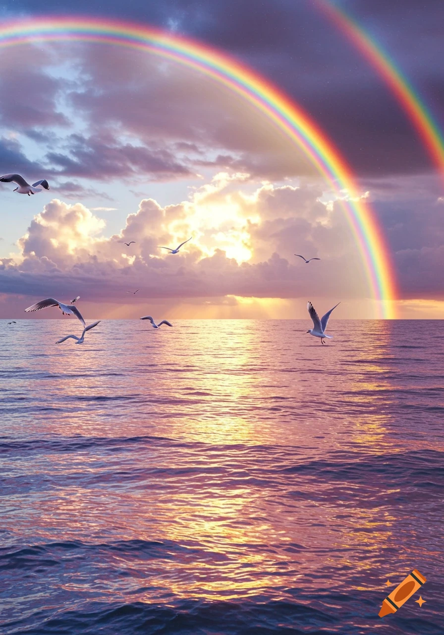 Photorealistic image of a vibrant double rainbow arching over a serene ocean at sunset, with seagulls flying.