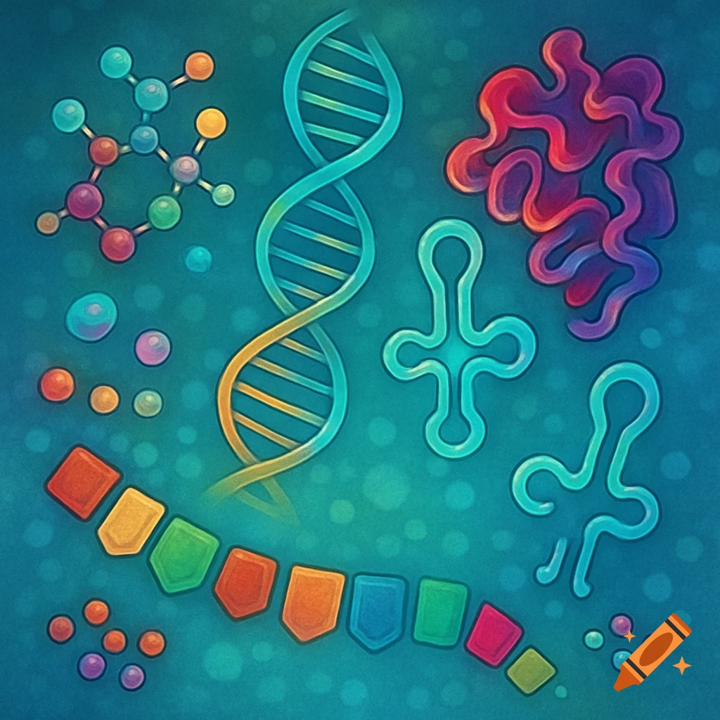 Colorful illustration of biomolecules: DNA double helix, a protein, tRNA, amino acids, and nucleotides on a teal background.