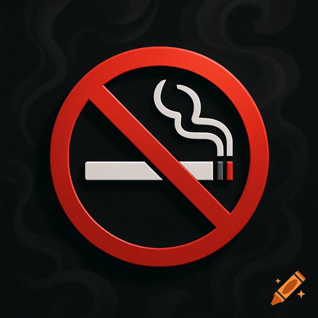 A 3D rendering of a red and white no smoking sign, featuring a cigarette with smoke crossed out, on a dark textured background.
