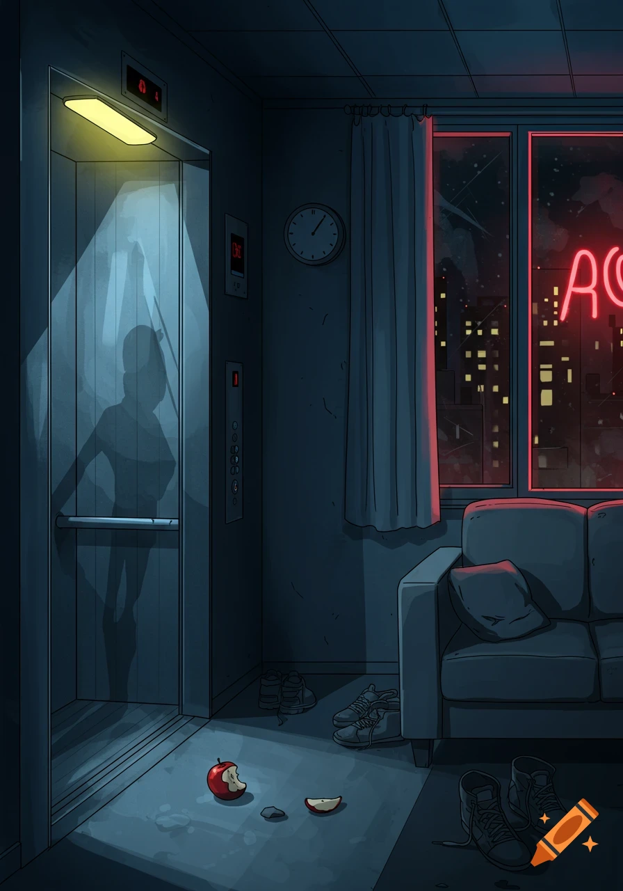 An illustrated interior scene at night, featuring a dark room with an open elevator, a couch, shoes on the floor, and a window showing a city skyline with red neon lights.