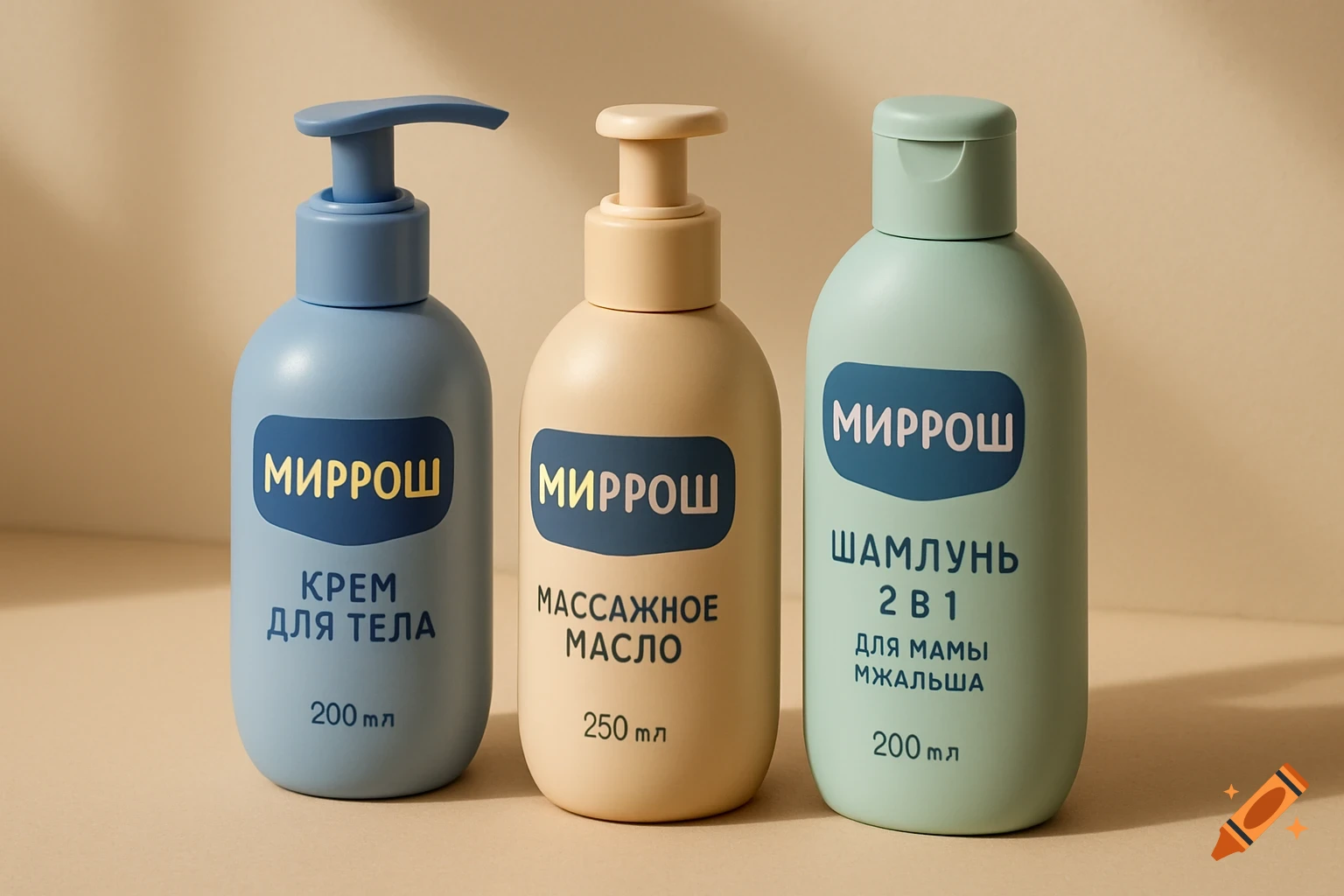 Three pastel cosmetic bottles, light blue body cream, beige massage oil, and light green 2-in-1 shampoo, with 'МИРРОШ' branding, on a light background.