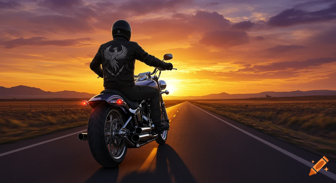 A person on a motorcycle rides down a highway at sunset, with an orange and purple sky and mountains in the distance.
