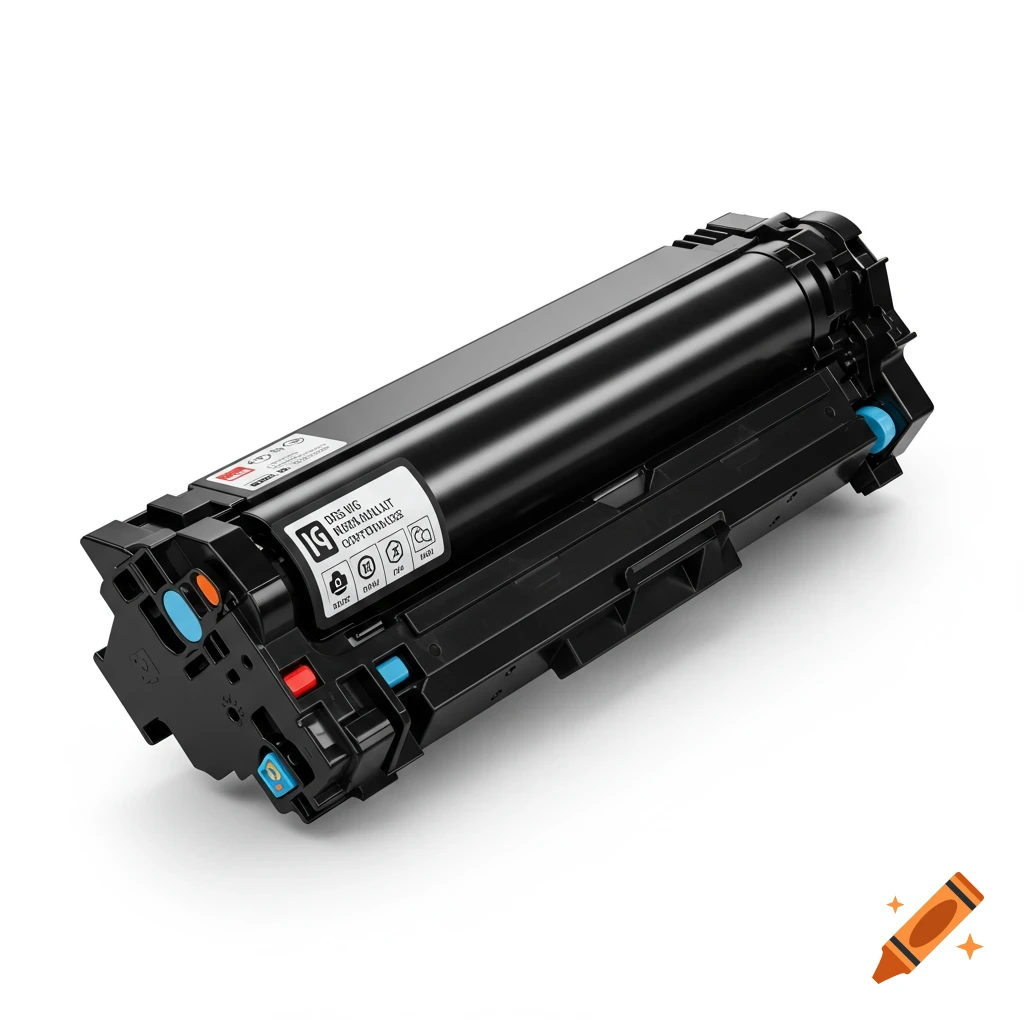 Black toner cartridge, photorealistic product image on a white background.