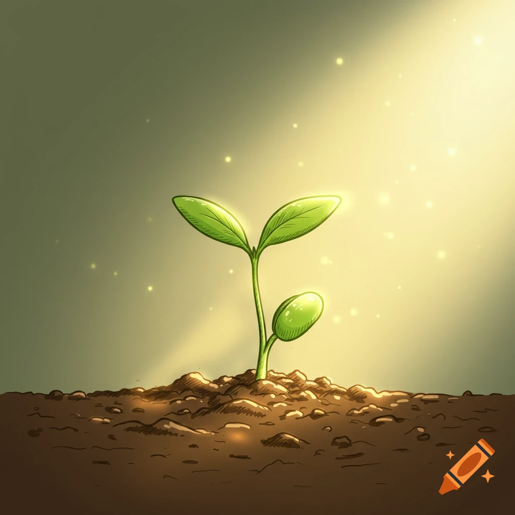 Vibrant green plant sprout with two leaves emerging from soil, bathed in warm sunlight, hand-drawn style.