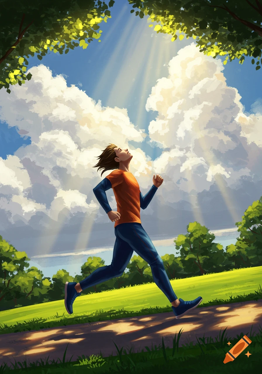 An illustration of a person jogging on a path through a park, looking up at a bright, cloudy sky with sunbeams.