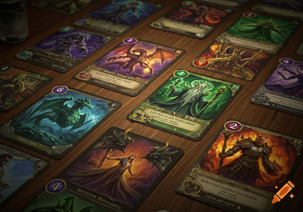 A close-up view of various fantasy trading cards with detailed artwork and illegible text, arranged on a wooden table.