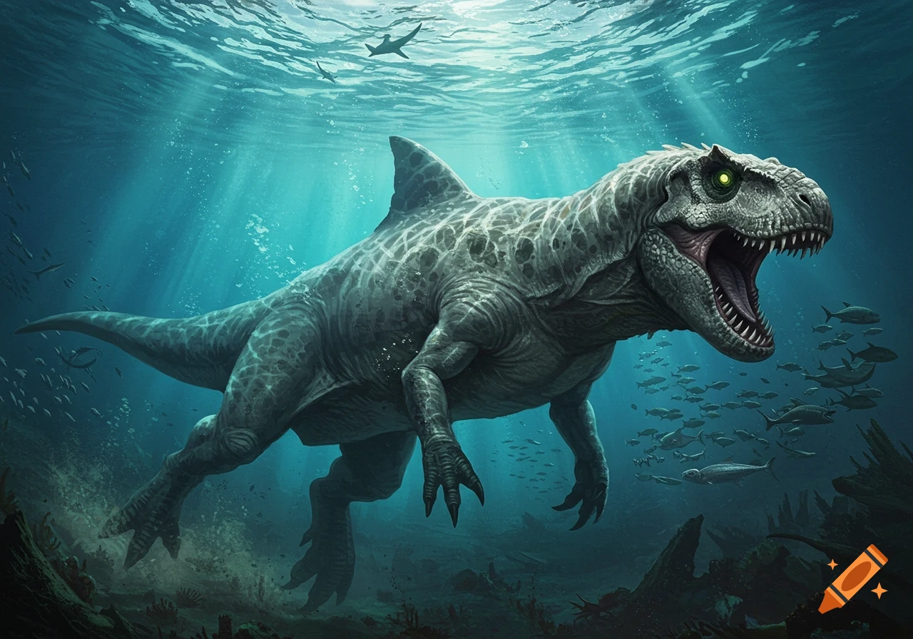 A terrifying, large T-Rex and shark hybrid swims through clear blue ocean water, surrounded by small fish.