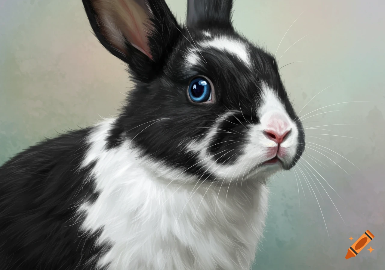 A close-up of a black and white lop rabbit with vibrant blue eyes, looking to the right with a soft focus background.