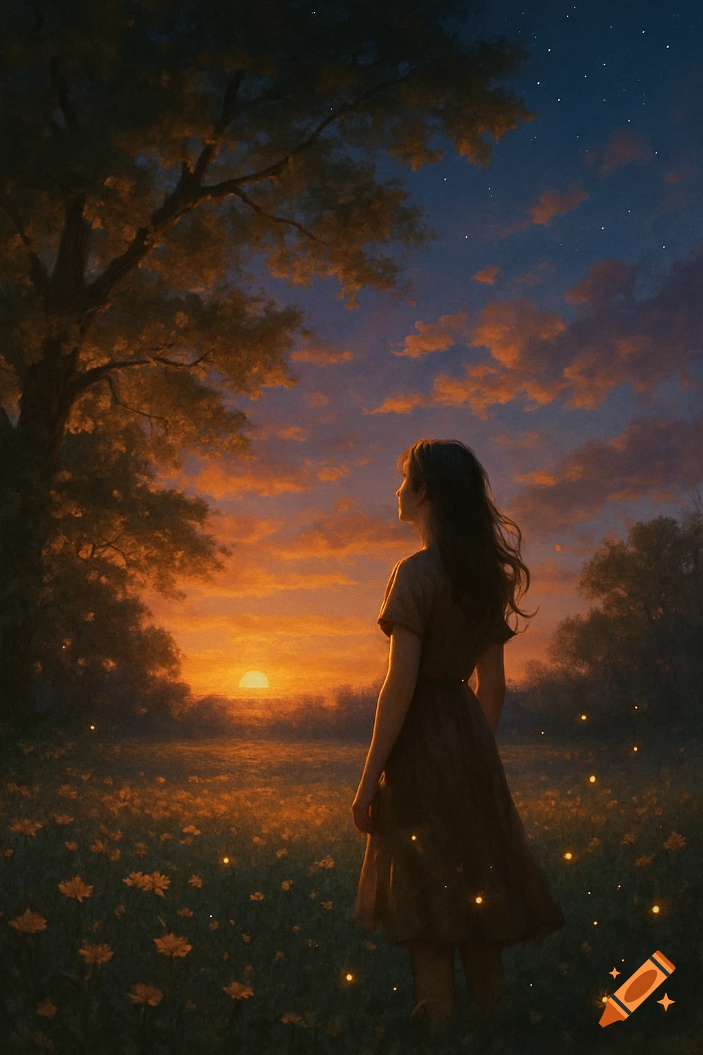 A person stands in a field of glowing flowers at sunset, looking ...
