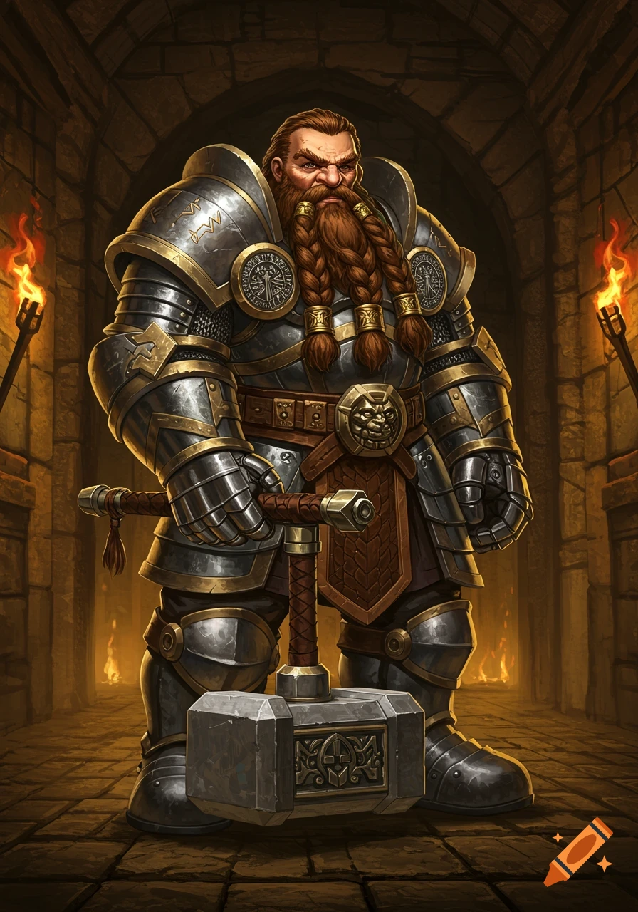 A fully armored dwarf with a braided brown beard stands in a torch-lit dungeon, holding a large battle hammer.