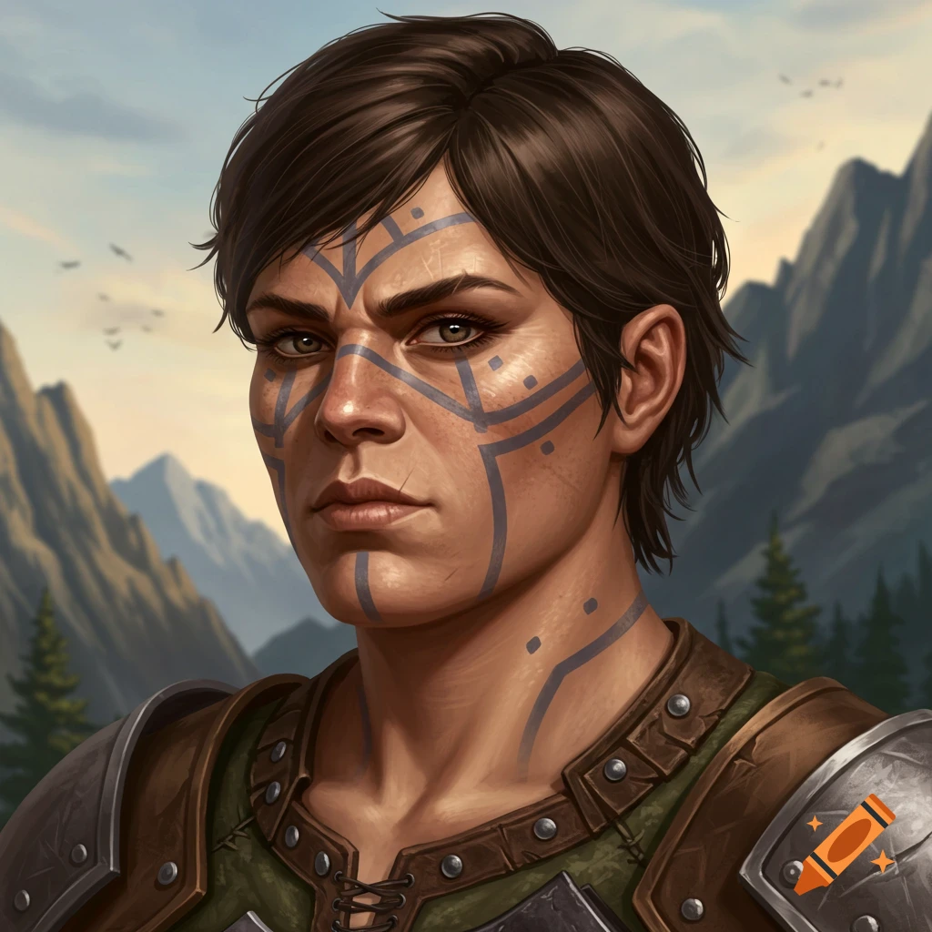 Photorealistic headshot of a female barbarian with short brown hair, war paint, and armor, mountains in background.