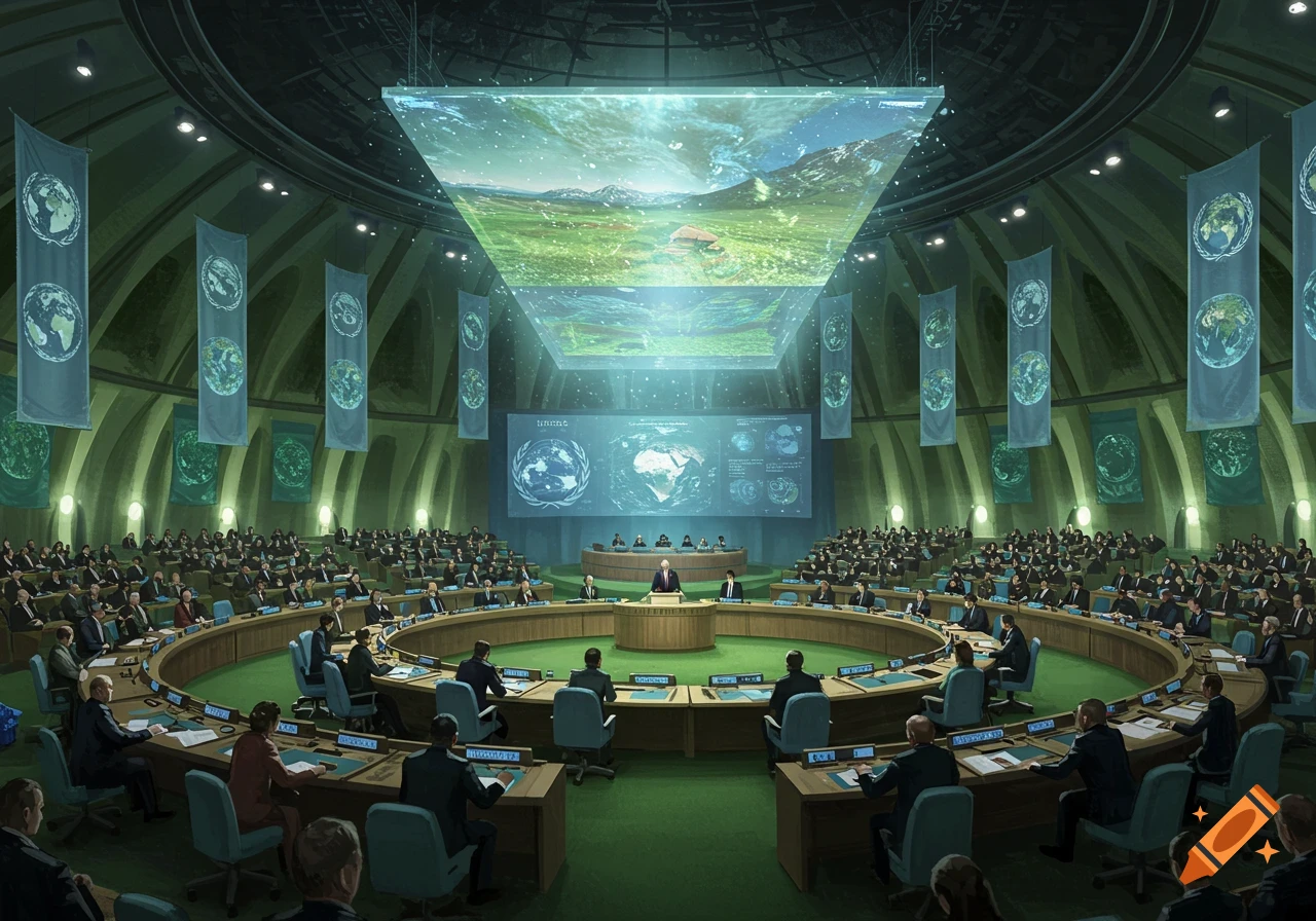 An epic, high-angle view of a large, circular conference hall with hundreds of delegates seated, focused on a huge holographic display showing Earth and environmental data. A central figure speaks from a podium.
