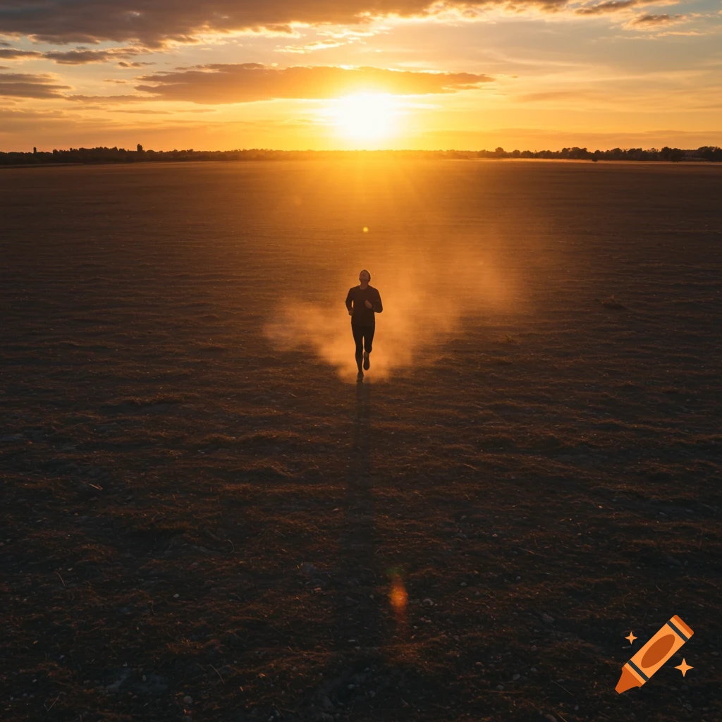 A person runs across a vast, dusty field towards a bright setting sun, kicking up a cloud of dust behind them.
