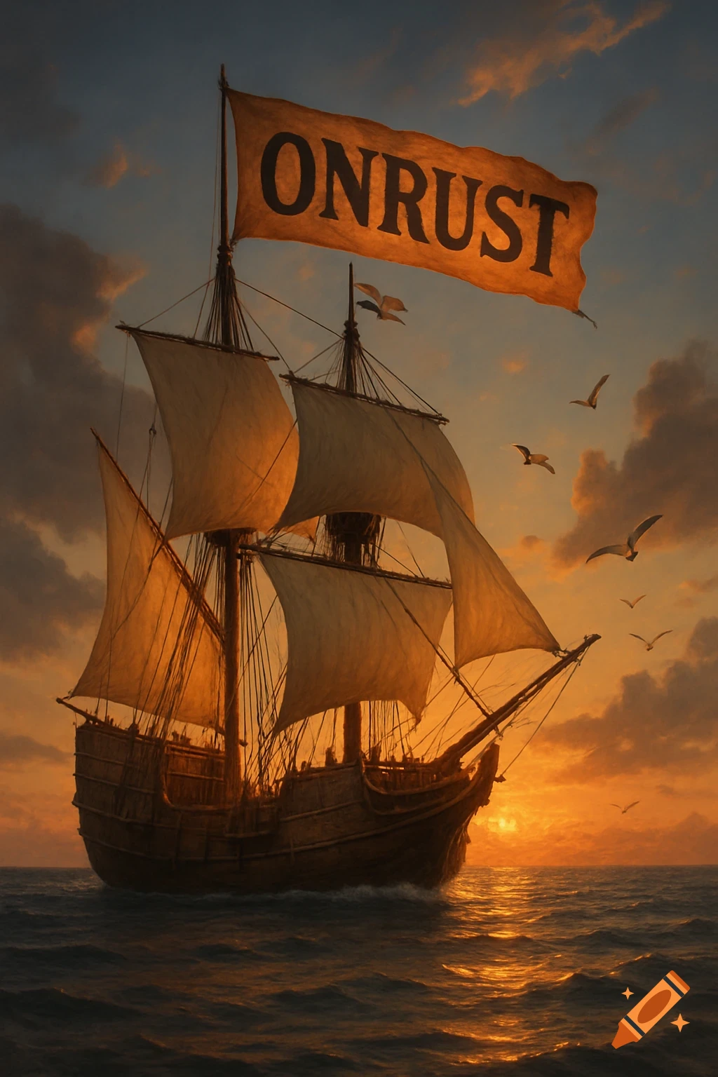 A large sailing ship with a banner reading "ONRUST" sails on the ocean during a golden sunset, with birds flying.