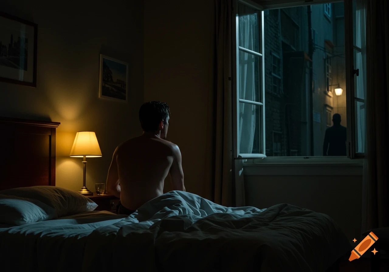 Shirtless man sitting on a bed looking out an open window at a silhouetted figure in the dim, cinematic night.
