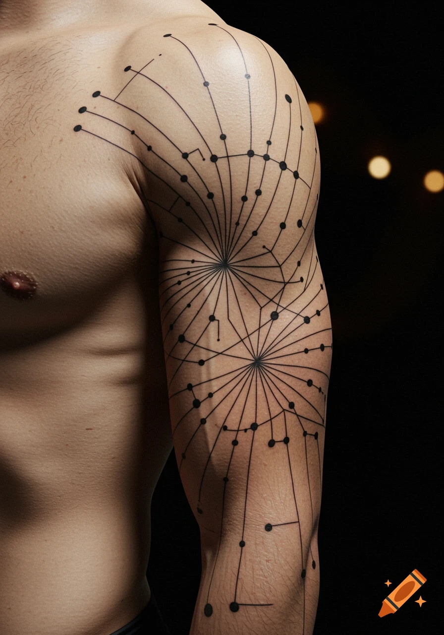 Close-up of a man's arm and torso with a complex geometric black line and dot tattoo
