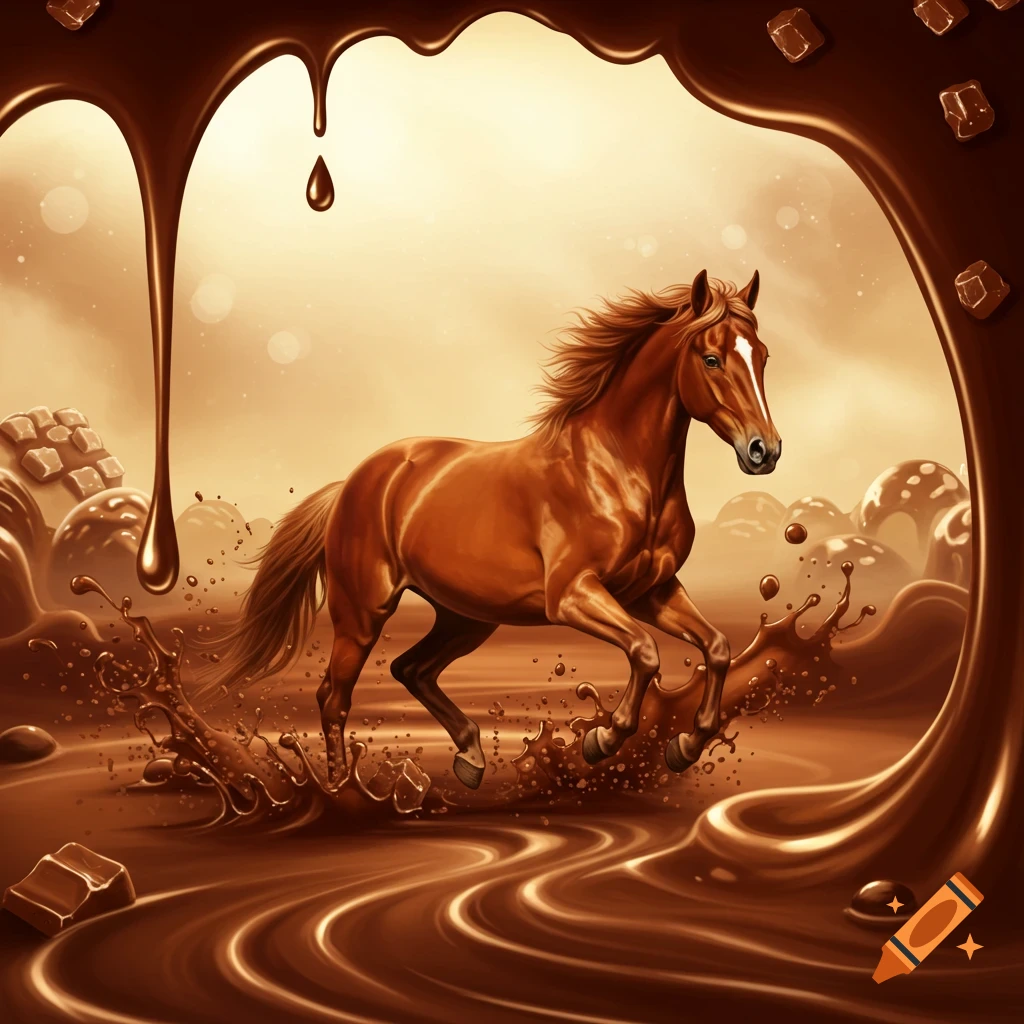 A majestic brown horse gallops through a rich, flowing river of molten chocolate with splashes and chocolate bar pieces.