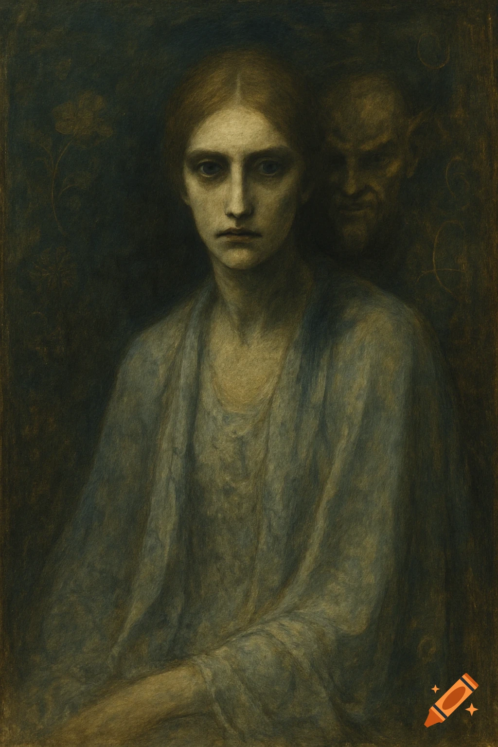 A Symbolist oil painting of a pale woman with red hair looking forward, with a dark, menacing figure looming behind her in shadow.