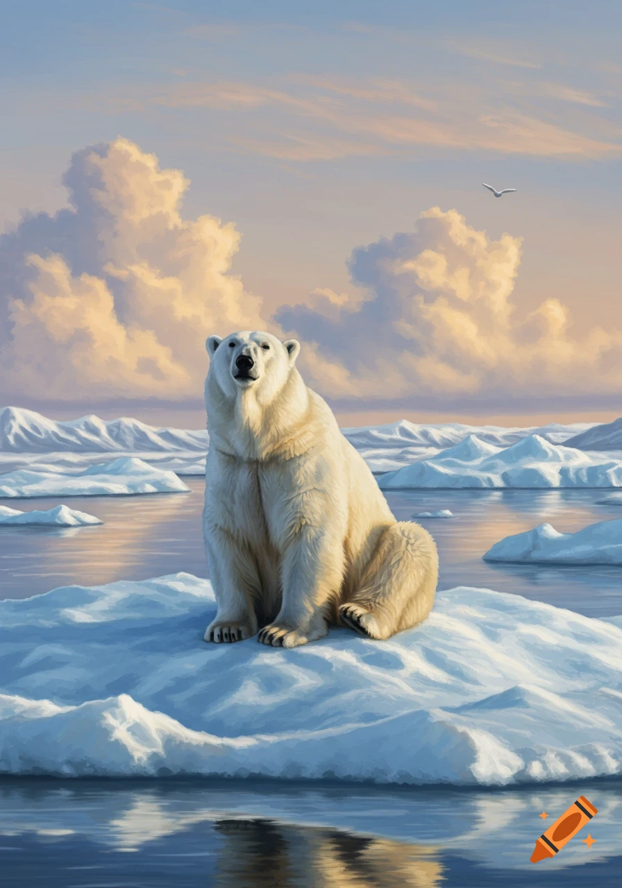 A photorealistic painting of a polar bear sitting on an ice floe in the arctic, with a sunset sky and water reflections.