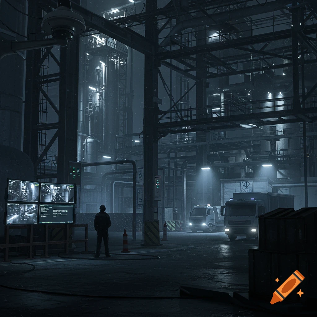 Photorealistic image of a dark industrial factory at night with a lone security guard monitoring surveillance screens as two trucks drive past.
