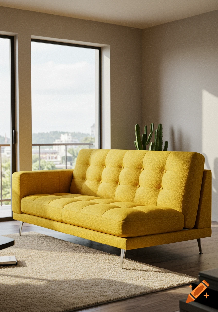 A modern tufted yellow sofa in a bright living room with large windows overlooking a city, a cactus, and a rug.