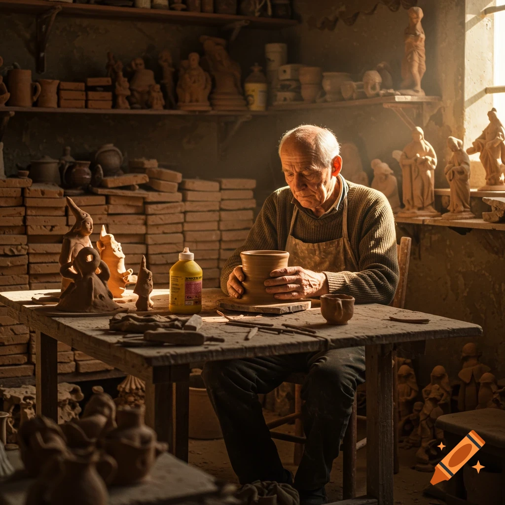 An old man in an apron works with a clay pot at a wooden table in a dimly lit pottery studio filled with clay figures.