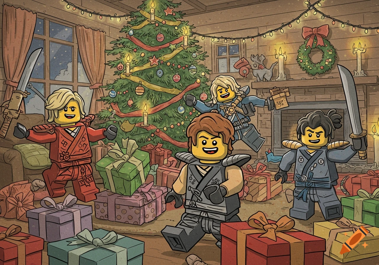 Lego Ninjago characters open presents in a festive living room with a Christmas tree and fireplace, in a coloring book style.