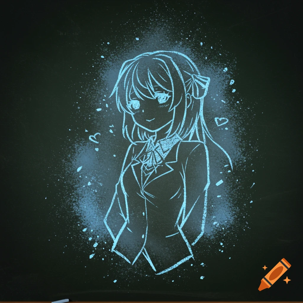 Anime girl Sayori from Doki Doki Literature Club! drawn in sky blue chalk on a blackboard, smiling.