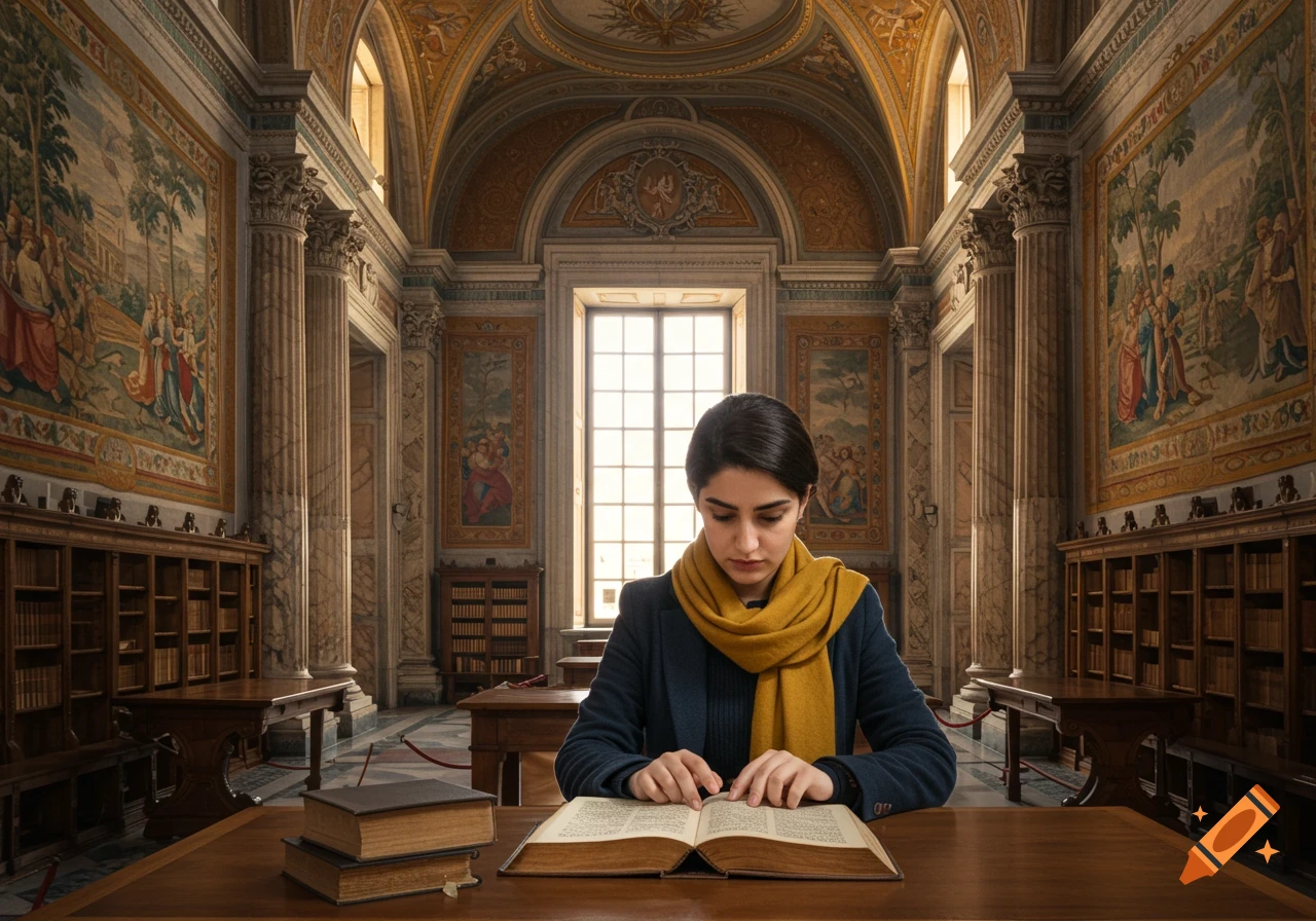 A young woman in a yellow scarf reads a large book at a wooden desk in a grand, ornate library hall.