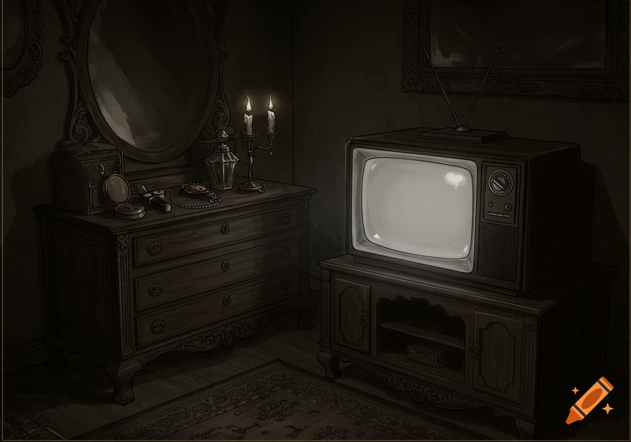 A dark gothic drawing of a vintage room with an antique television and a dresser with a mirror and candles.
