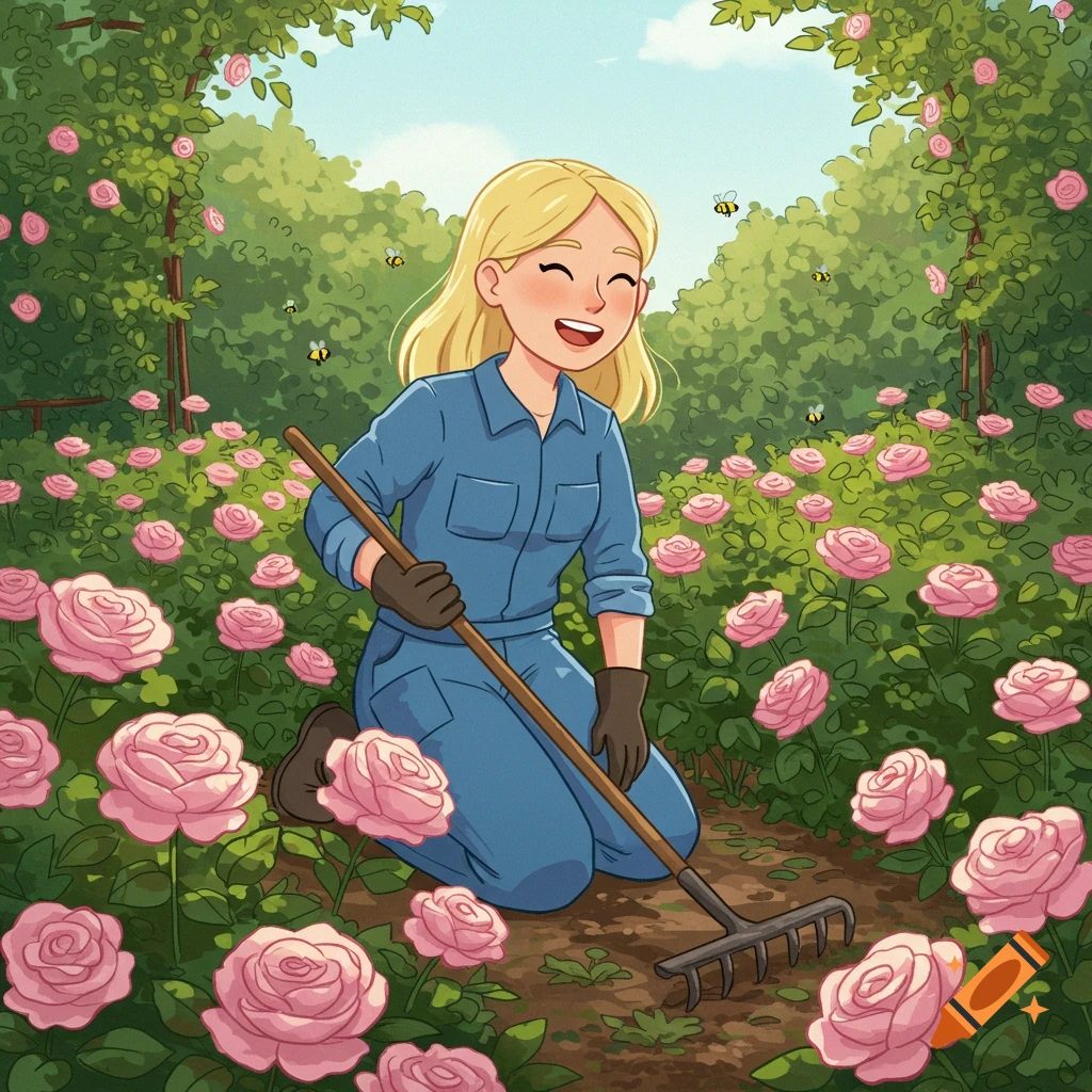 Cartoon of a blonde woman in blue work clothes kneeling and raking in a vibrant pink rose garden.