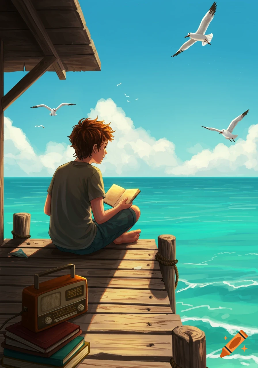 Stylized illustration of a boy with short brown hair sitting cross-legged on a wooden dock, reading a book by the turquoise sea. A radio sits nearby and seagulls fly in the blue sky.